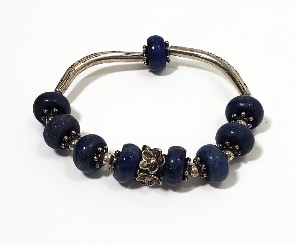 Lapis Lazuli Bead Silver Tone Stretch Bracelet